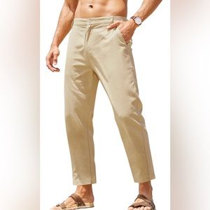 Men's Cotton Linen Pants Elastic Waist Lightweight Casual Pants Slim Fit